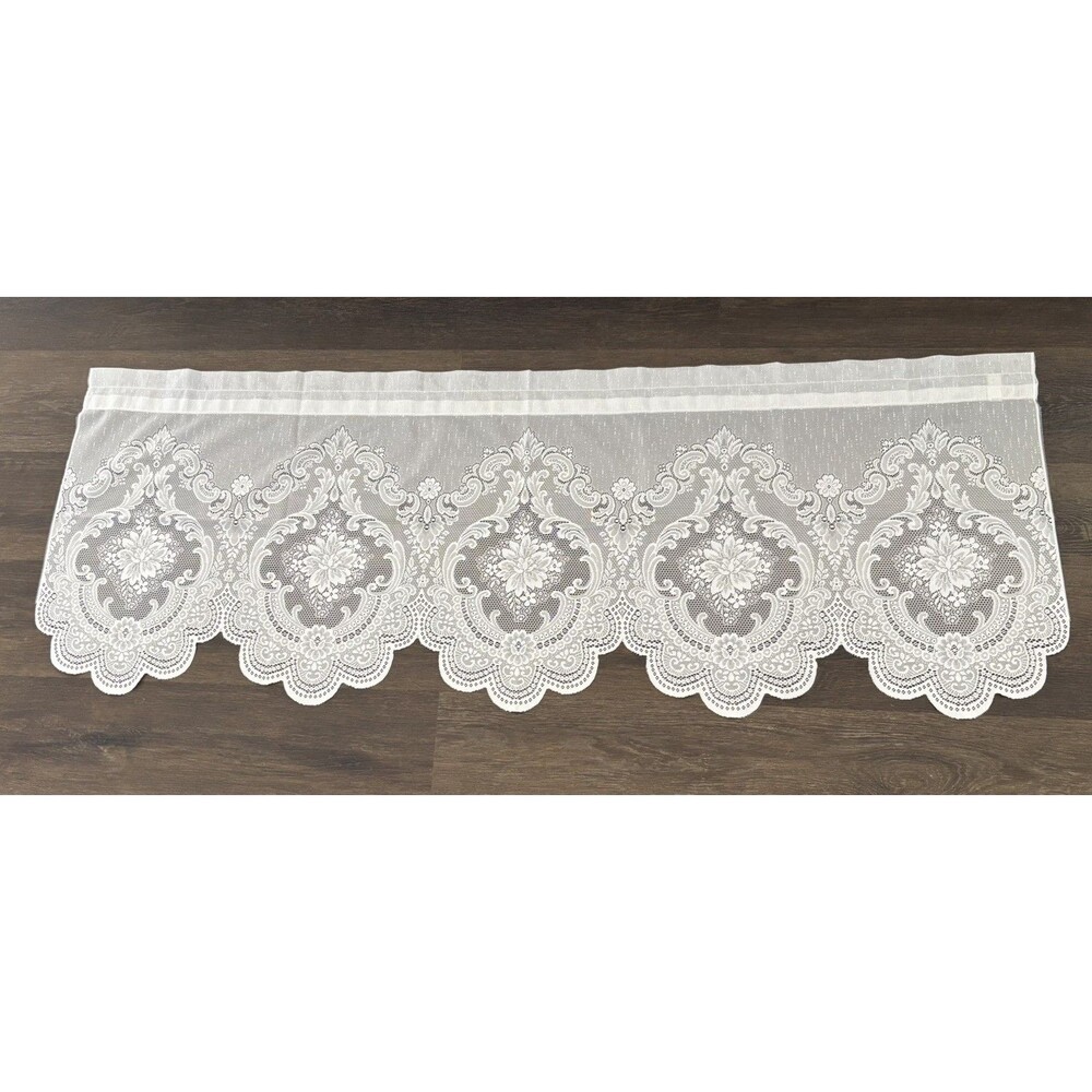 VTG Off White Lace Valance Cottagecore Rustic Floral Cream Sheer Rod Pocket